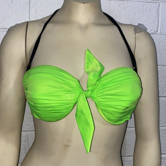 Vintage 80’s Bikini Top Highlighter Green Neon Halter Scrunch Twist Tie - Picture 1 of 13